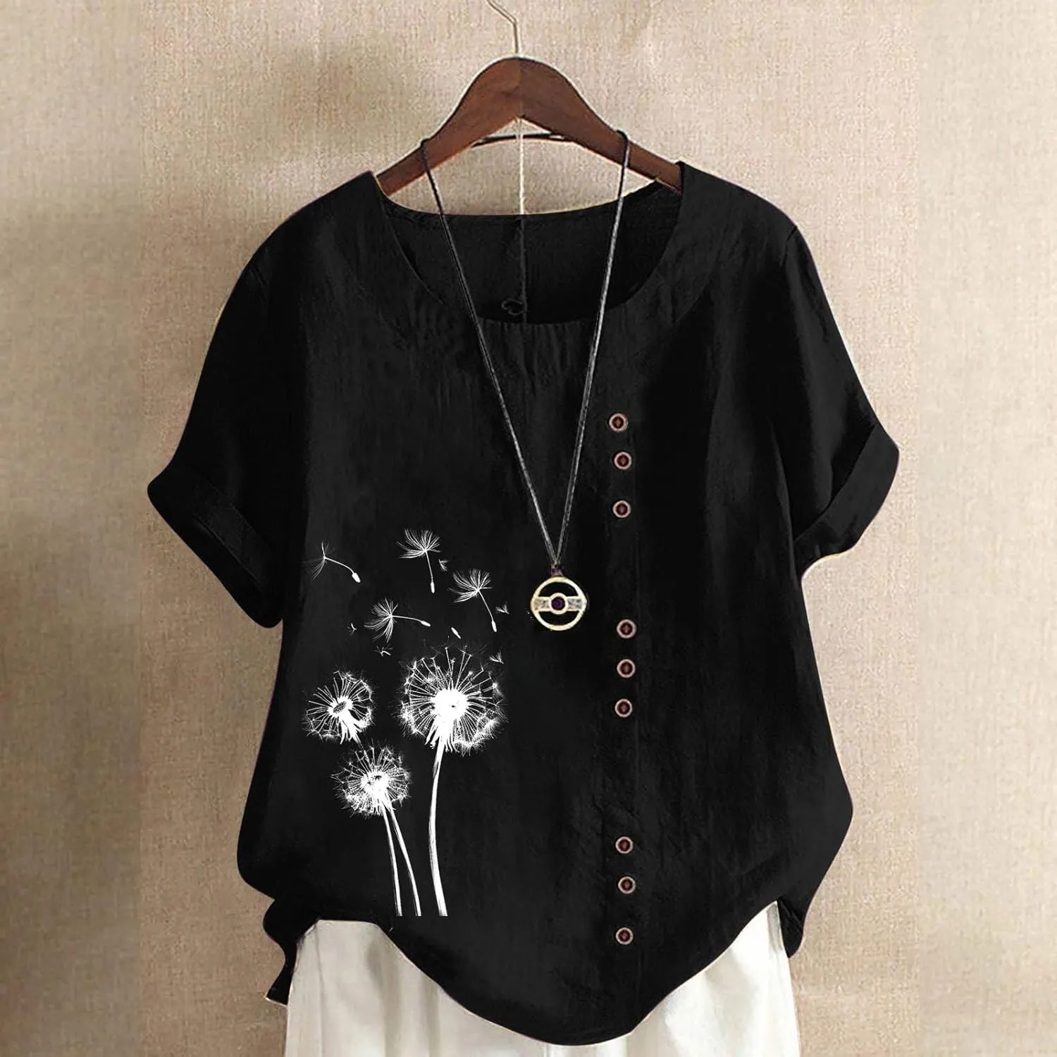 Cotton Linen Tops for Women Loose Fit Casual Roll Up Short Sleeve T-Shirt Cute Floral Print Boho Blouse 2025 Summer