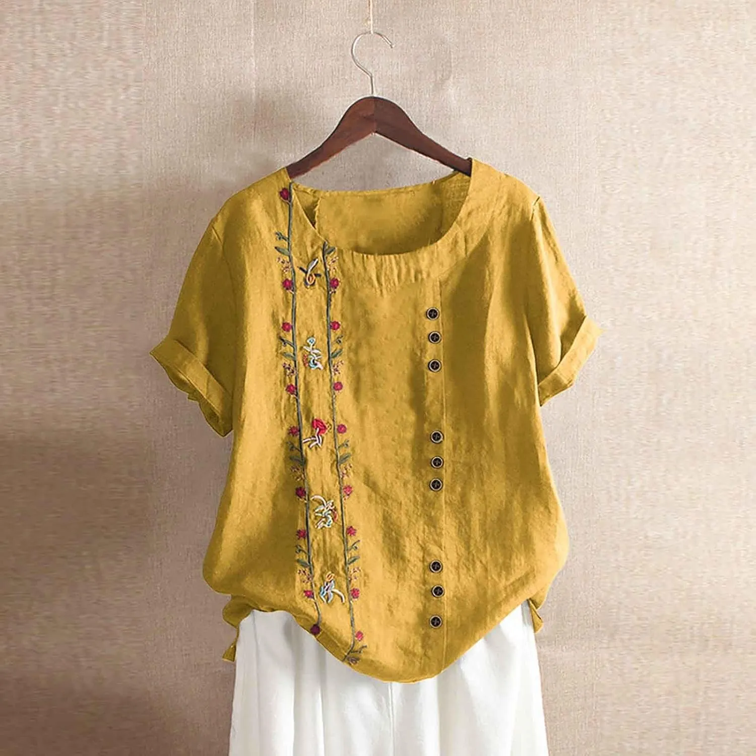 Cotton Linen Tops for Women Loose Fit Casual Roll Up Short Sleeve T-Shirt Trendy Cute Floral Print Blouse 2025 Summer