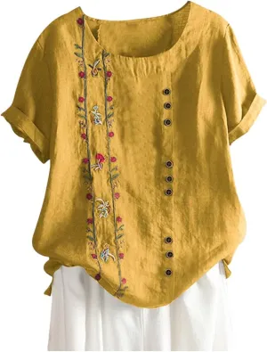 Cotton Linen Tops for Women Loose Fit Casual Roll Up Short Sleeve T-Shirt Trendy Cute Floral Print Blouse 2025 Summer