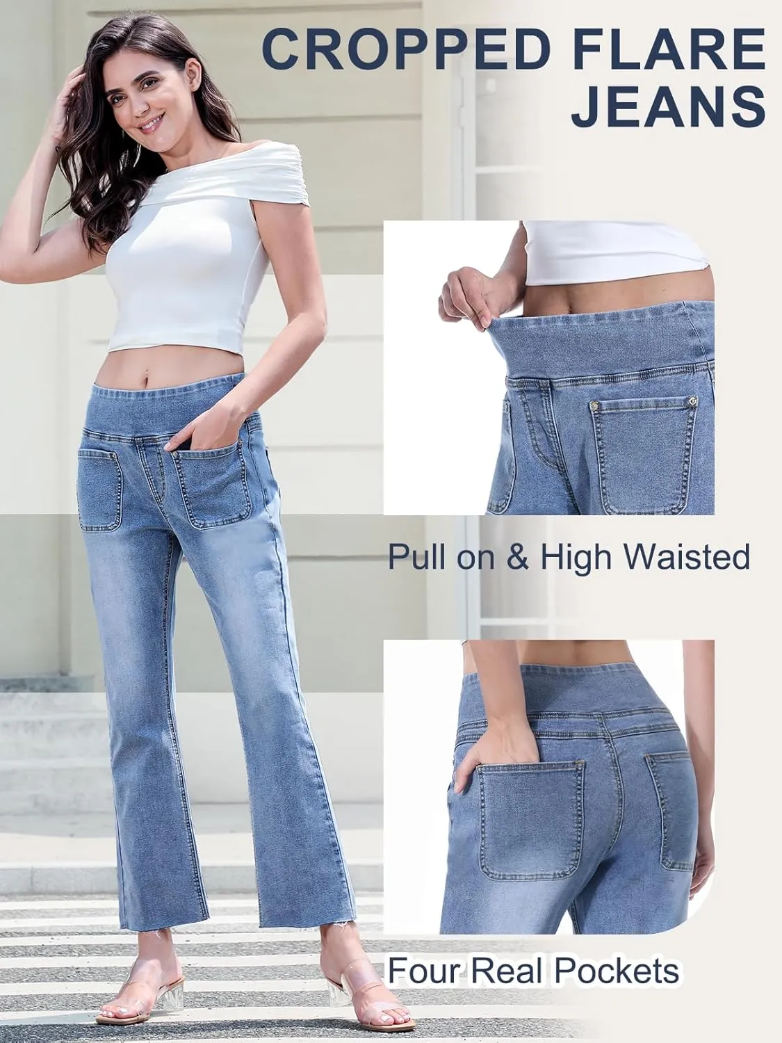 Cropped Pull on Jeans for Women, Trendy Stretchy High Waisted Flared Jeans Skinny Bell Bottom Boot Cut Jeans