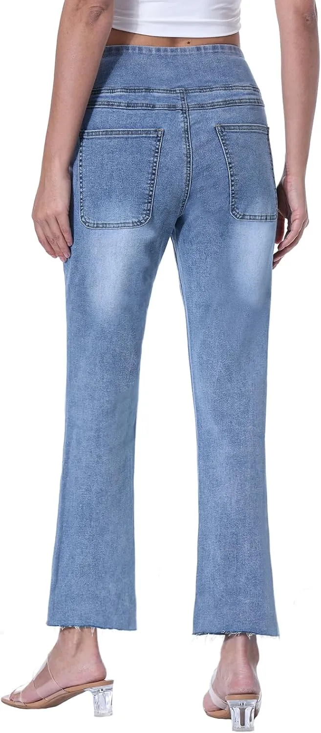 Cropped Pull on Jeans for Women, Trendy Stretchy High Waisted Flared Jeans Skinny Bell Bottom Boot Cut Jeans