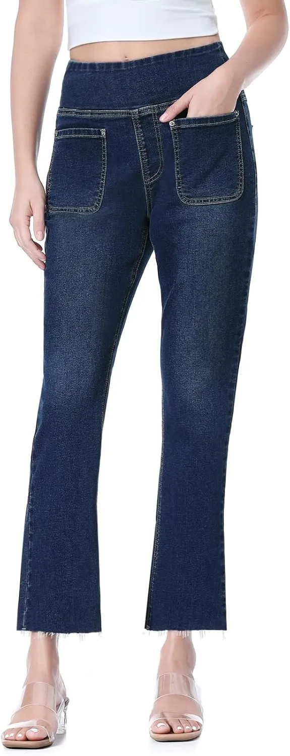 Cropped Pull on Jeans for Women, Trendy Stretchy High Waisted Flared Jeans Skinny Bell Bottom Boot Cut Jeans