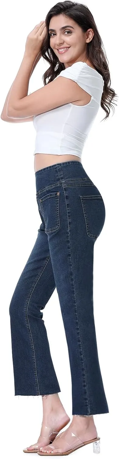 Cropped Pull on Jeans for Women, Trendy Stretchy High Waisted Flared Jeans Skinny Bell Bottom Boot Cut Jeans