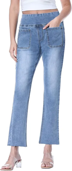 Cropped Pull on Jeans for Women, Trendy Stretchy High Waisted Flared Jeans Skinny Bell Bottom Boot Cut Jeans