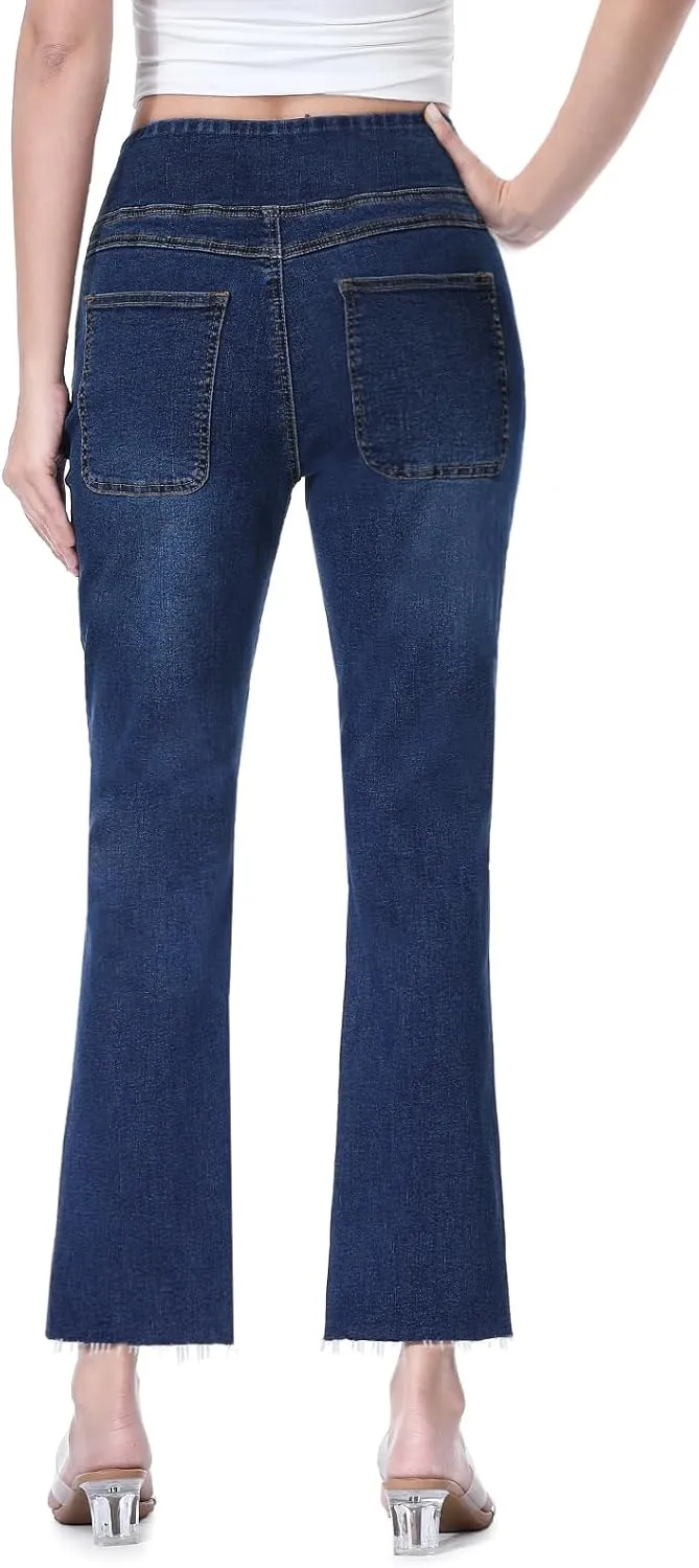 Cropped Pull on Jeans for Women, Trendy Stretchy High Waisted Flared Jeans Skinny Bell Bottom Boot Cut Jeans