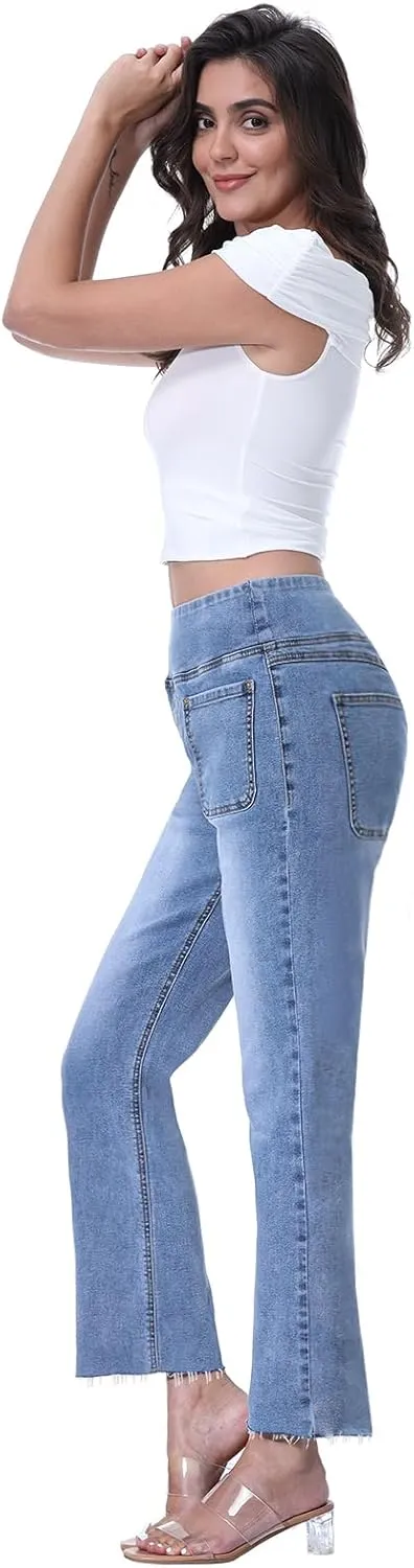 Cropped Pull on Jeans for Women, Trendy Stretchy High Waisted Flared Jeans Skinny Bell Bottom Boot Cut Jeans