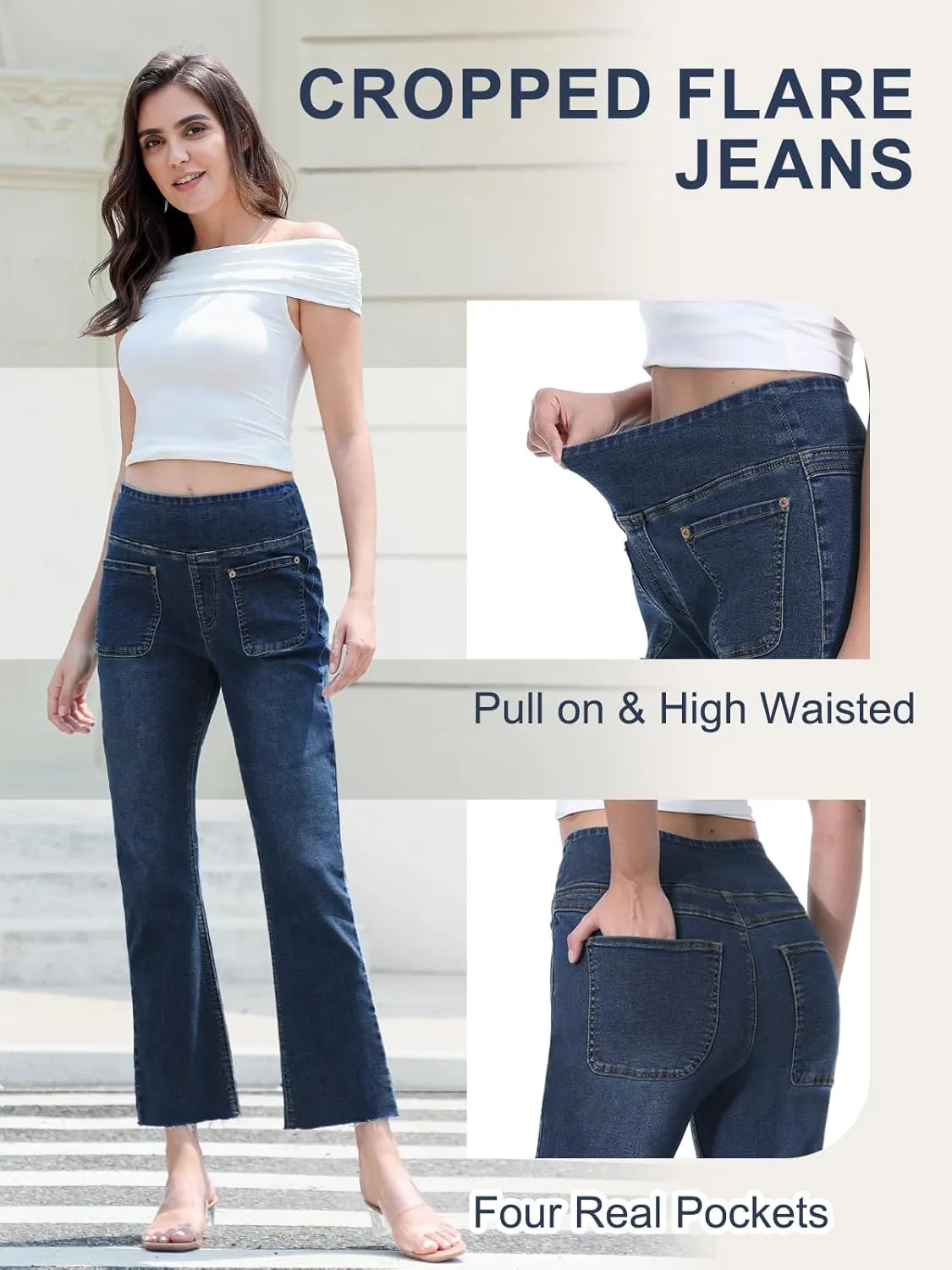 Cropped Pull on Jeans for Women, Trendy Stretchy High Waisted Flared Jeans Skinny Bell Bottom Boot Cut Jeans