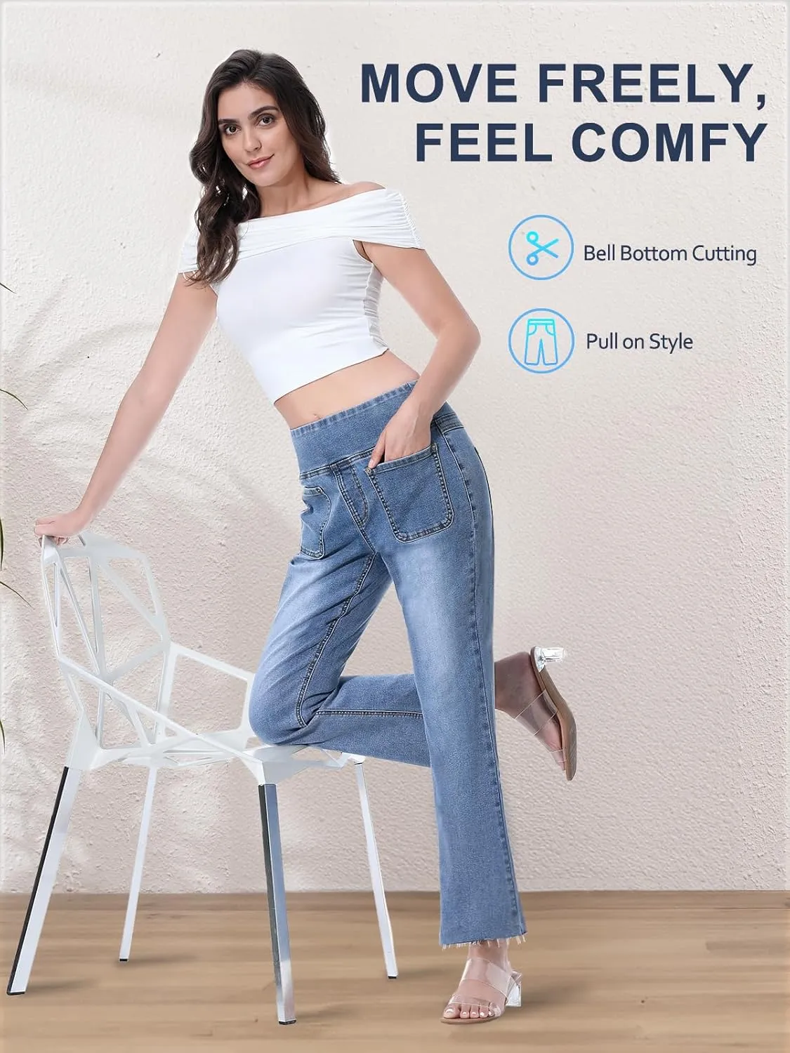 Cropped Pull on Jeans for Women, Trendy Stretchy High Waisted Flared Jeans Skinny Bell Bottom Boot Cut Jeans