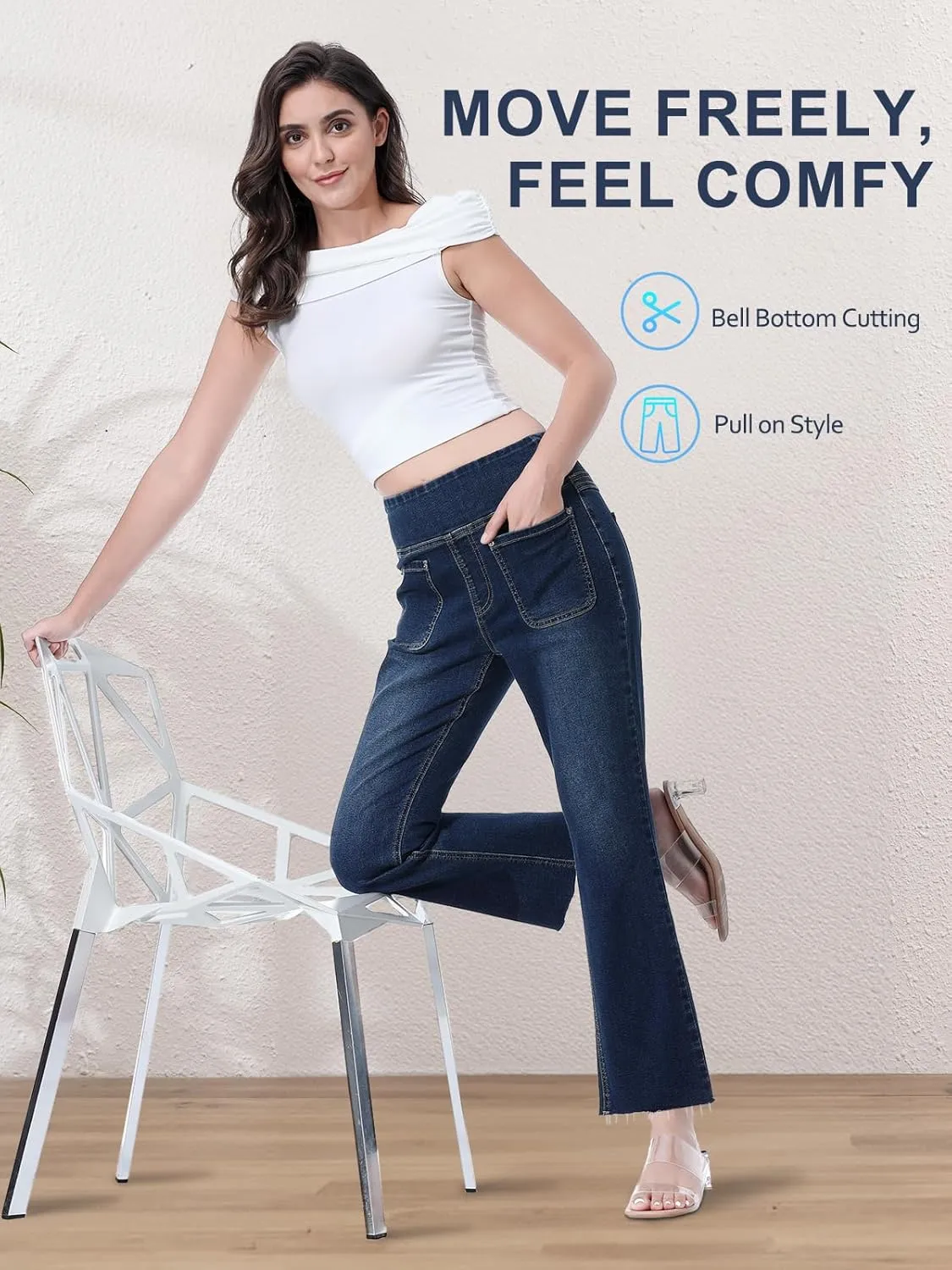 Cropped Pull on Jeans for Women, Trendy Stretchy High Waisted Flared Jeans Skinny Bell Bottom Boot Cut Jeans