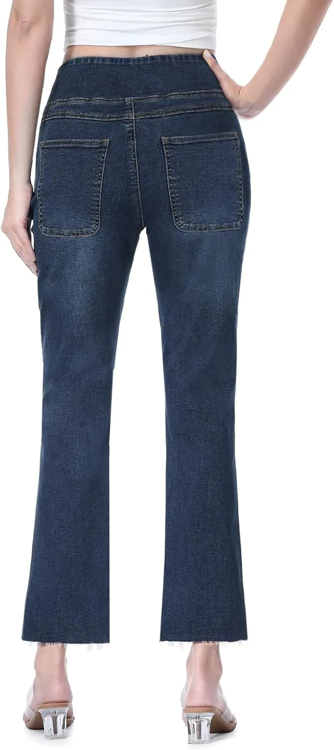Cropped Pull on Jeans for Women, Trendy Stretchy High Waisted Flared Jeans Skinny Bell Bottom Boot Cut Jeans