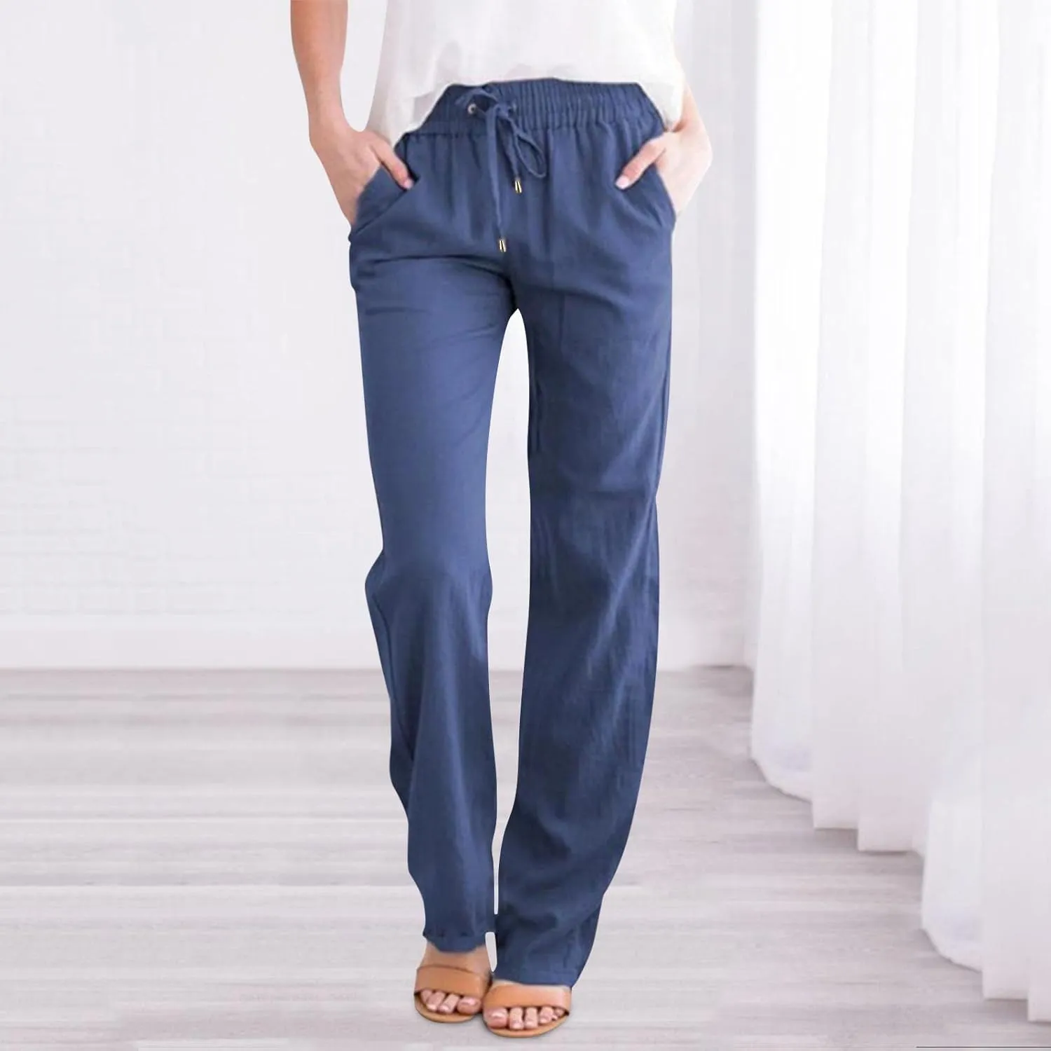 Daily Casual Fashion Women's Straight Leg Pants Elastic Waist with Drawstring Travel Beach Summer Pants with Pockets