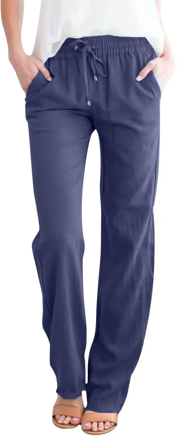 Daily Casual Fashion Women's Straight Leg Pants Elastic Waist with Drawstring Travel Beach Summer Pants with Pockets