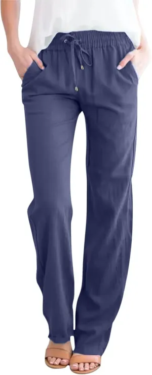 Daily Casual Fashion Women's Straight Leg Pants Elastic Waist with Drawstring Travel Beach Summer Pants with Pockets
