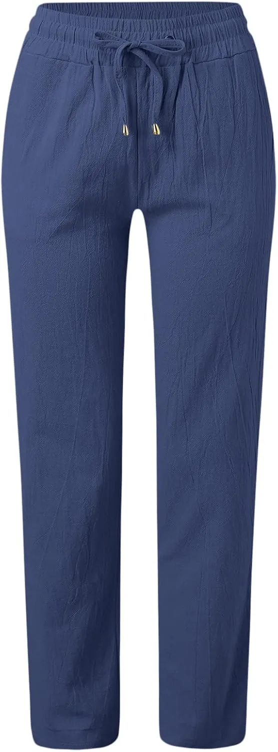Daily Casual Fashion Women's Straight Leg Pants Elastic Waist with Drawstring Travel Beach Summer Pants with Pockets