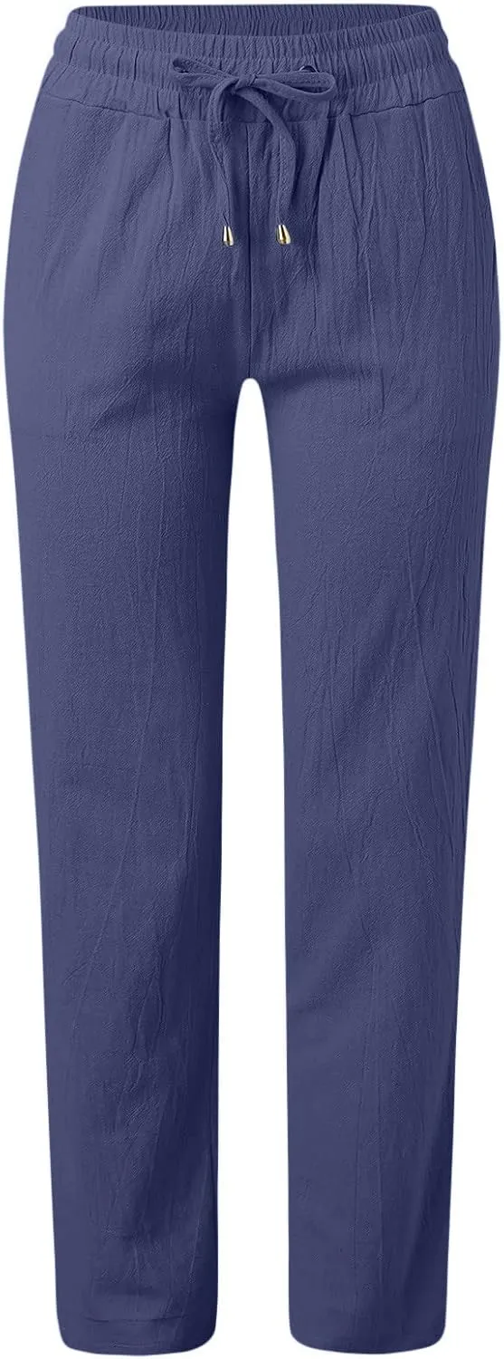 Daily Casual Fashion Women's Straight Leg Pants Elastic Waist with Drawstring Travel Beach Summer Pants with Pockets