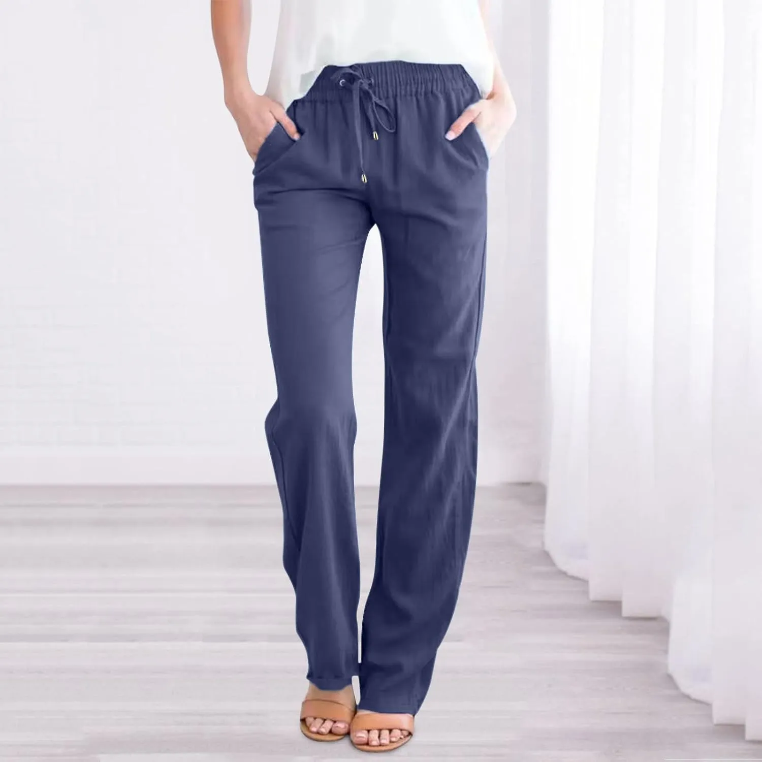 Daily Casual Fashion Women's Straight Leg Pants Elastic Waist with Drawstring Travel Beach Summer Pants with Pockets