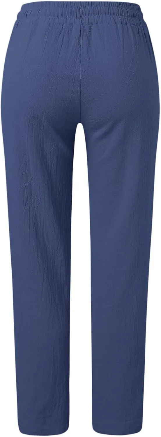 Daily Casual Fashion Women's Straight Leg Pants Elastic Waist with Drawstring Travel Beach Summer Pants with Pockets