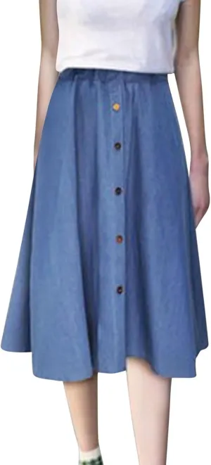 Denim Midi Skirts for Women Summer Casual Elastic High Waisted Buttons Front A-Line Flowy Ruffle Jean Skirt