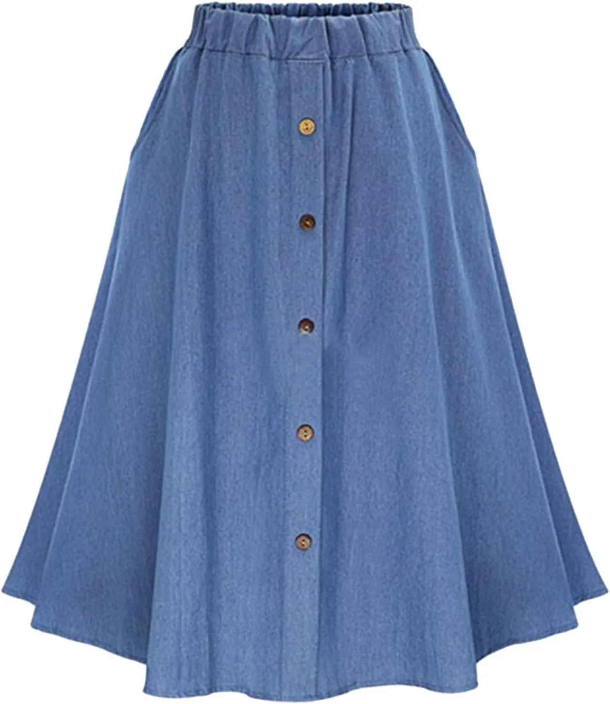 Denim Midi Skirts for Women Summer Casual Elastic High Waisted Buttons Front A-Line Flowy Ruffle Jean Skirt
