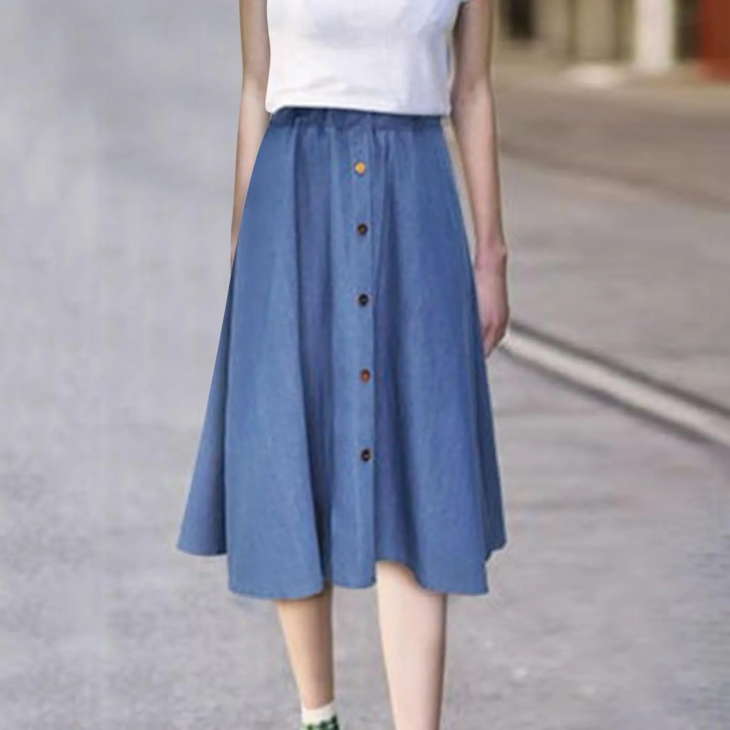 Denim Midi Skirts for Women Summer Casual Elastic High Waisted Buttons Front A-Line Flowy Ruffle Jean Skirt