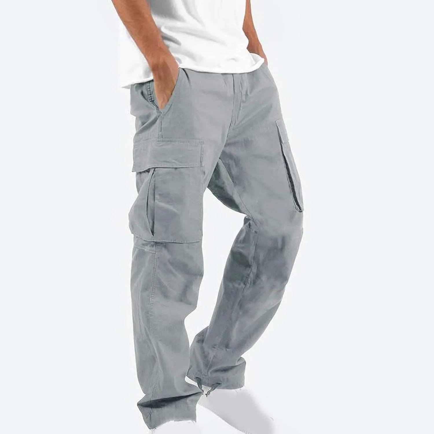 Dgoopd Cargo Pants for Men Baggy Straight Leg Joggers Drawstring Bottom Hiking Pants Workout Tactical Pants with Pockets