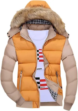 Dgoopd Men's Winter Puffer Jacket with Fur Hood Lightweight Padded Jacket Waterproof Bubble Coat Ski Parka Warm Quilted Coat