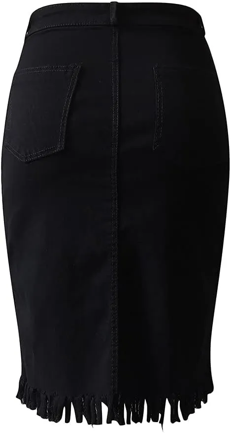 Distressed Denim Mini Skirt Button-Fly Front Split Sexy Pencil Skirts Women's High Waisted Bodycon Skirt