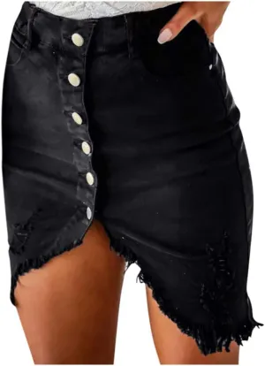 Distressed Denim Mini Skirt Button-Fly Front Split Sexy Pencil Skirts Women's High Waisted Bodycon Skirt