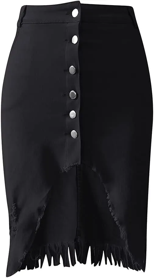 Distressed Denim Mini Skirt Button-Fly Front Split Sexy Pencil Skirts Women's High Waisted Bodycon Skirt