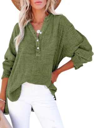 Dokotoo Womens Casual Button V Neck Long Sleeve Shirts Oversized Solid Blouses Tops