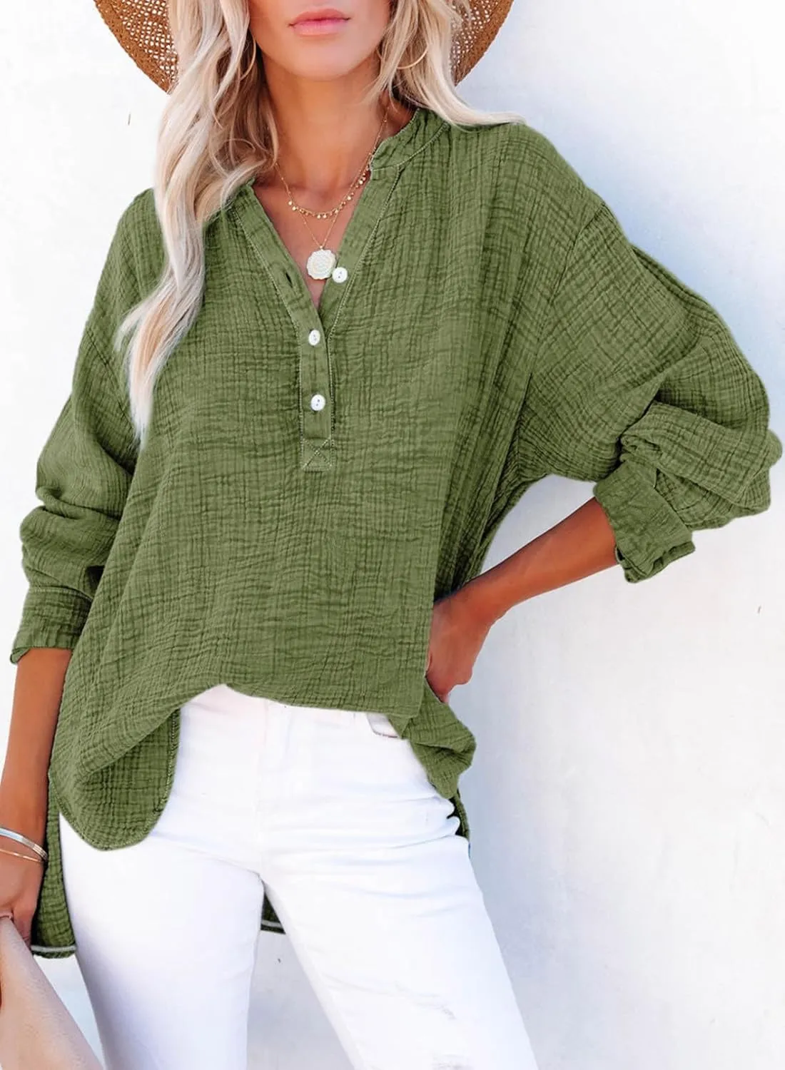 Dokotoo Womens Casual Button V Neck Long Sleeve Shirts Oversized Solid Blouses Tops