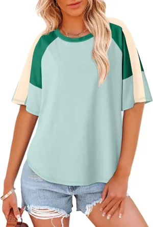 Dokotoo Womens Tops Color Block Crewneck Short Sleeve T Shirts Casual Oversized Summer Outfits