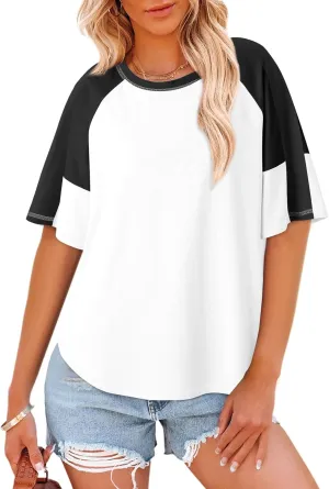Dokotoo Womens Tops Color Block Crewneck Short Sleeve T Shirts Casual Oversized Summer Outfits