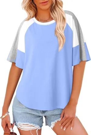 Dokotoo Womens Tops Color Block Crewneck Short Sleeve T Shirts Casual Oversized Summer Outfits