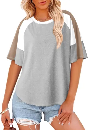 Dokotoo Womens Tops Color Block Crewneck Short Sleeve T Shirts Casual Oversized Summer Outfits