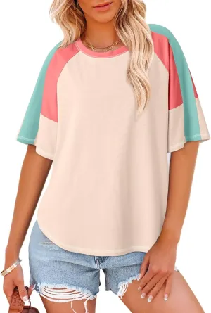 Dokotoo Womens Tops Color Block Crewneck Short Sleeve T Shirts Casual Oversized Summer Outfits