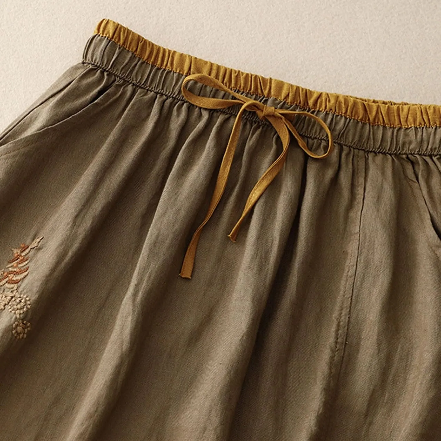 Embroidery Cotton Linen Skirts for Women with Pockets Midi Length Long Skirt Casual Beach Party Holiday Boho Skirt