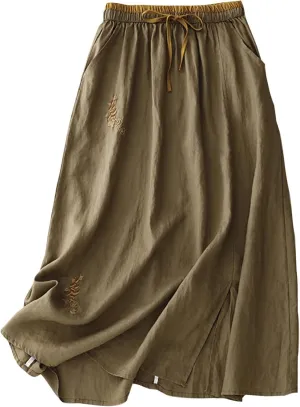 Embroidery Cotton Linen Skirts for Women with Pockets Midi Length Long Skirt Casual Beach Party Holiday Boho Skirt