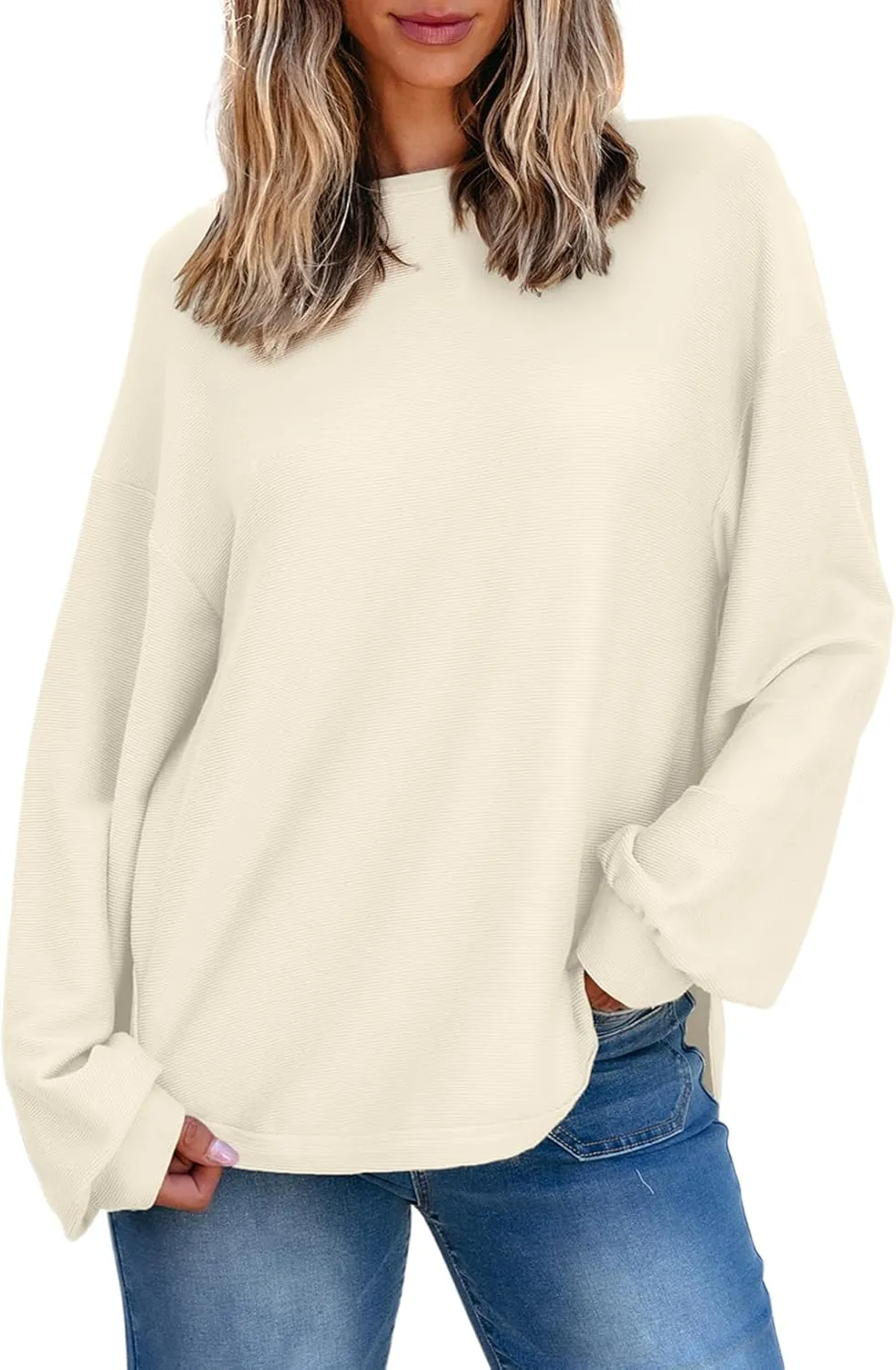 EVALESS Women's Long Sleeve Shirts Oversized Crewneck Trendy Tee Shirts Tops