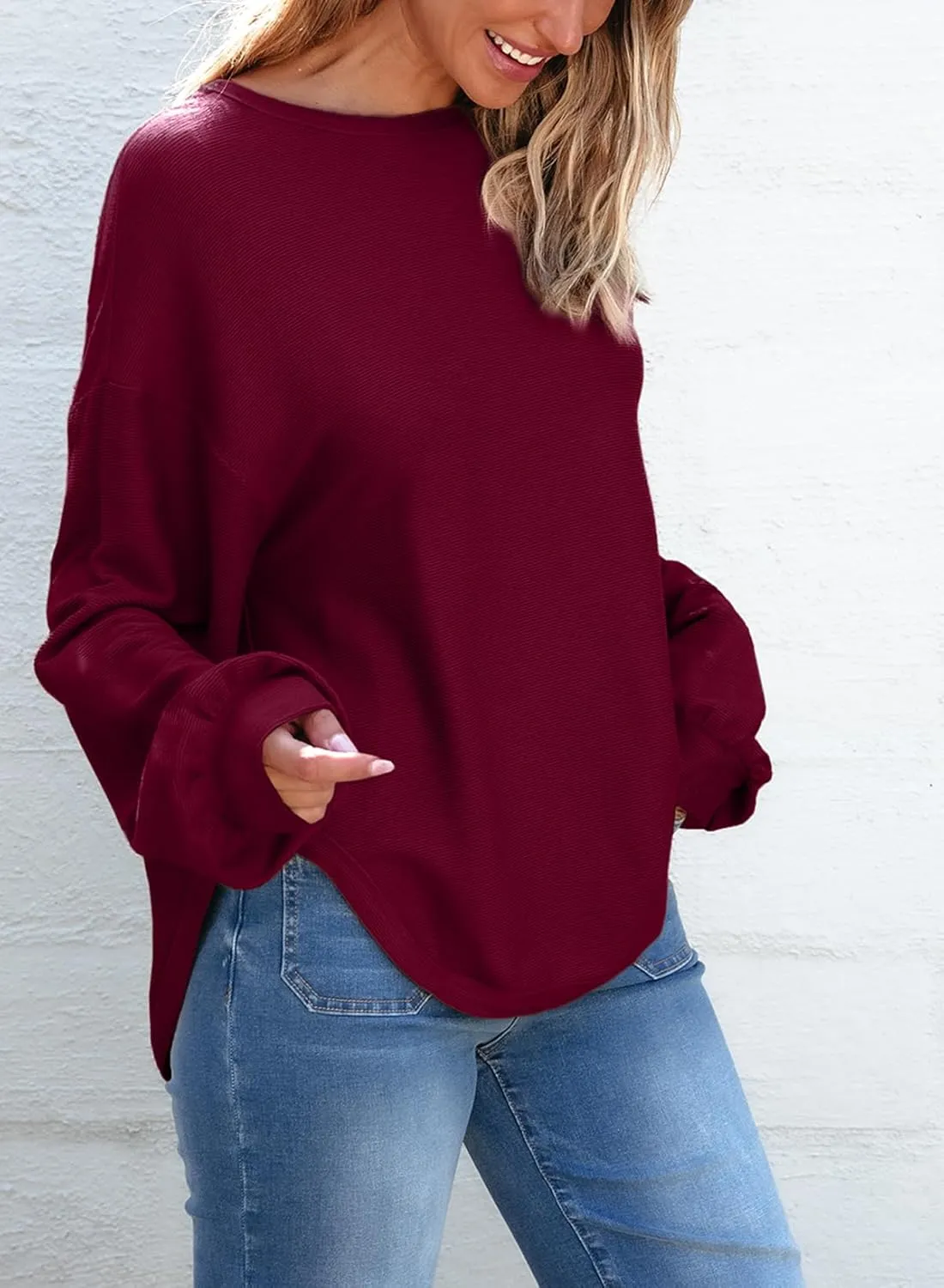 EVALESS Women's Long Sleeve Shirts Oversized Crewneck Trendy Tee Shirts Tops