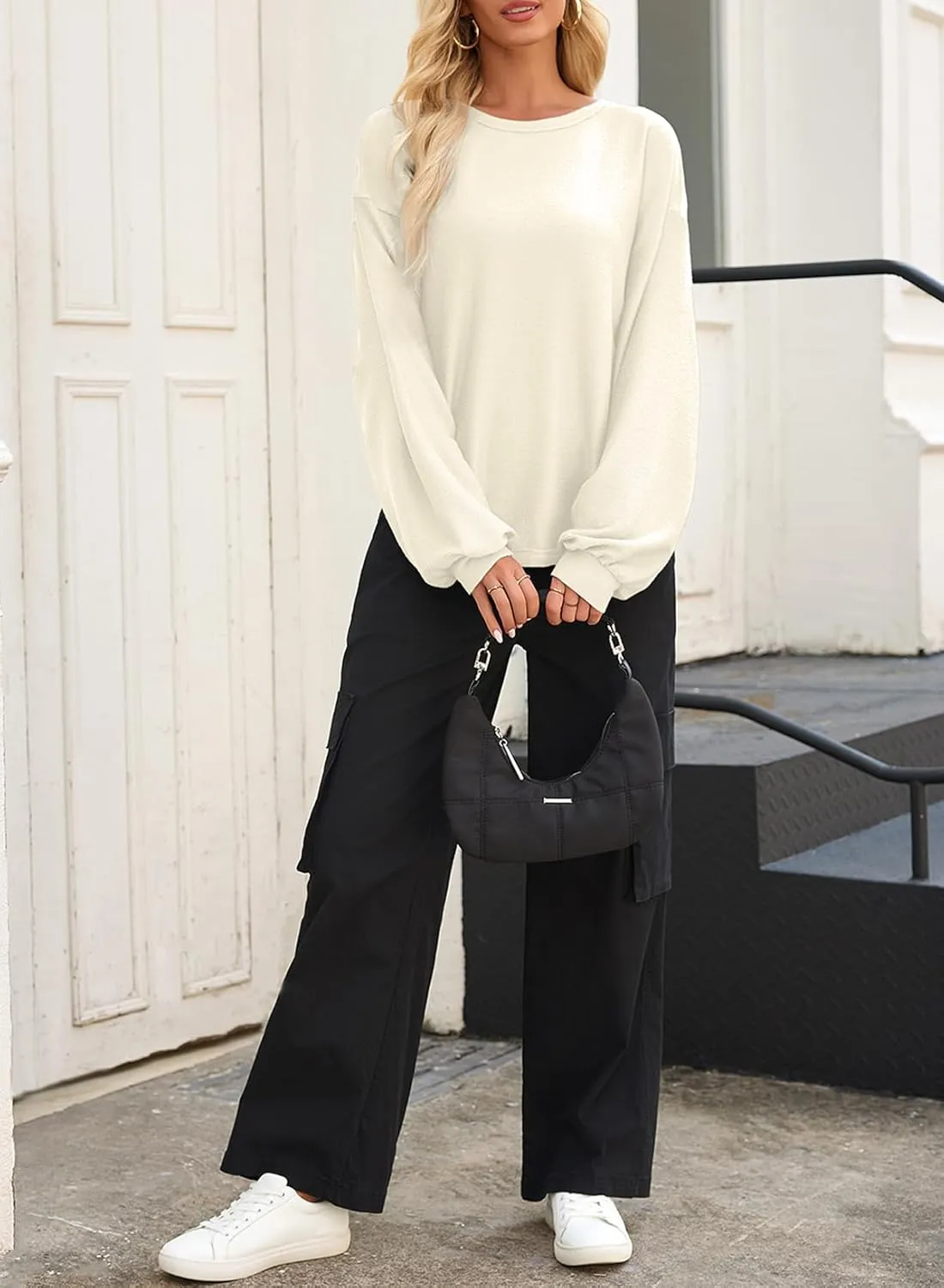 EVALESS Women's Long Sleeve Shirts Oversized Crewneck Trendy Tee Shirts Tops