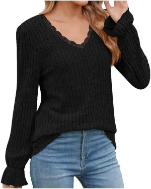 Fahion Sweatshirts for Women long sleeve V Neck Tops 2024 Trendy Casual Ruffle Sleeve Fleece Knitted Pullover Top