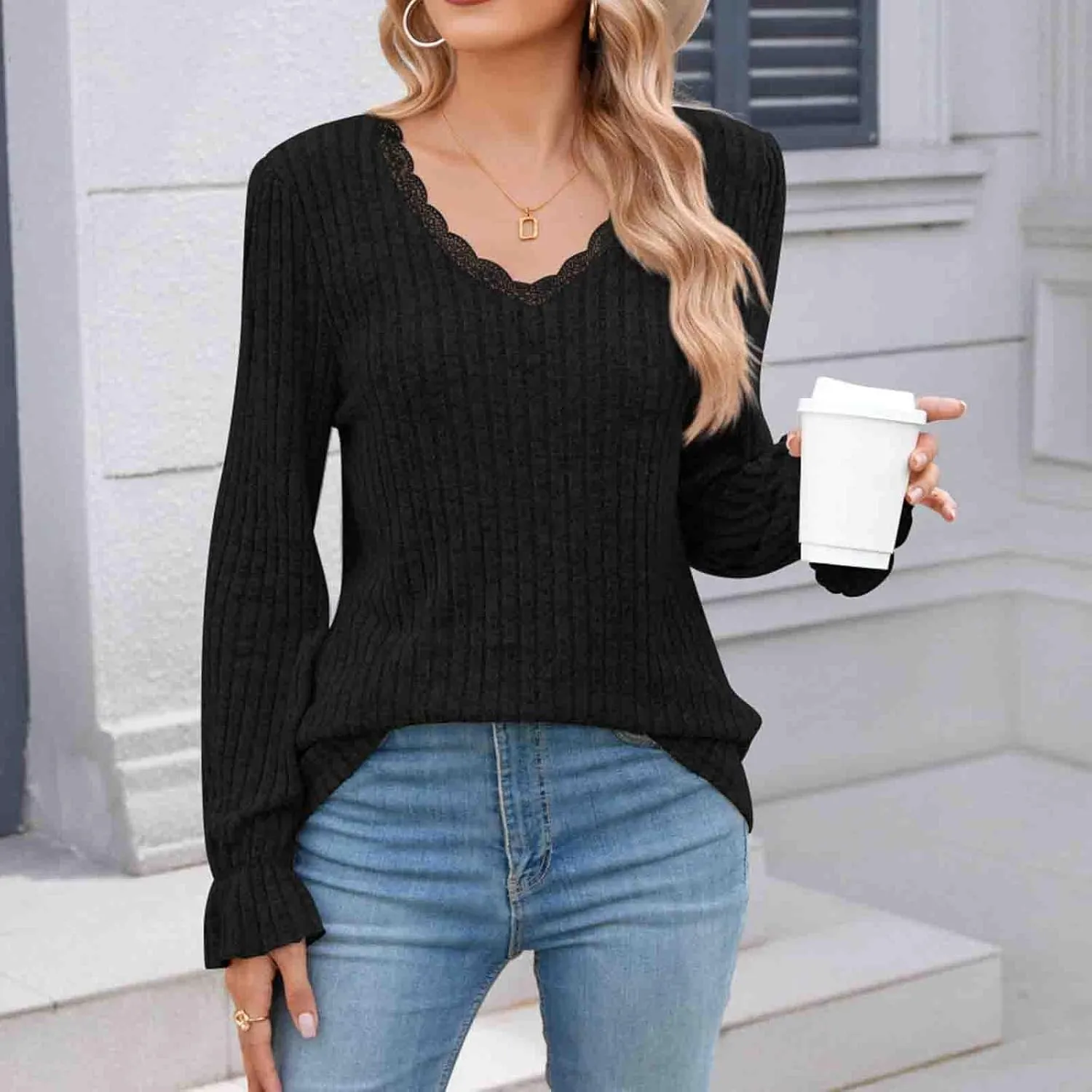 Fahion Sweatshirts for Women long sleeve V Neck Tops 2024 Trendy Casual Ruffle Sleeve Fleece Knitted Pullover Top