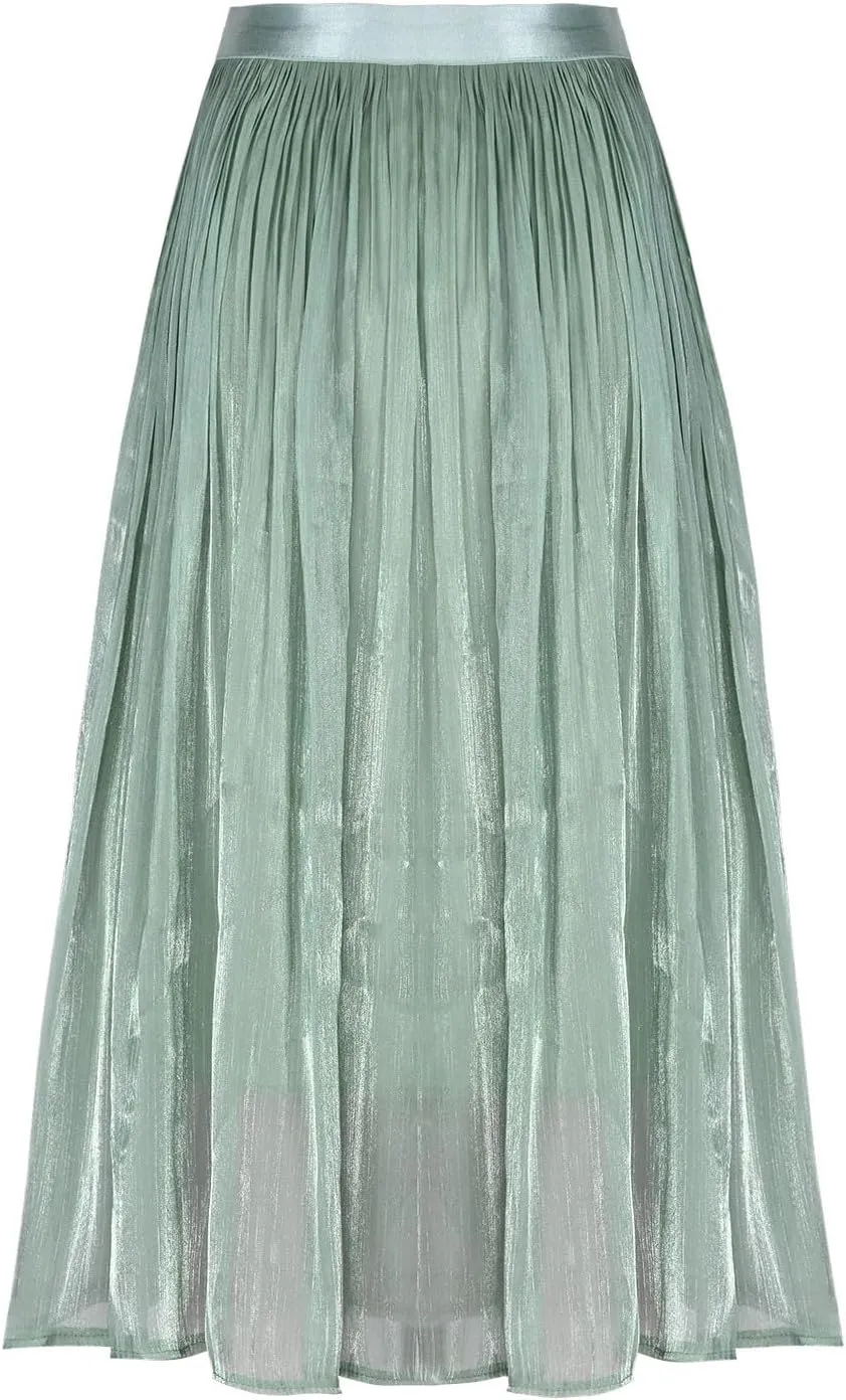 Fashion Tulle Skirts for Women Mesh Pleated Swing Midi Long Skirt Elastic High Waist Flowy Midi A-line Skirts