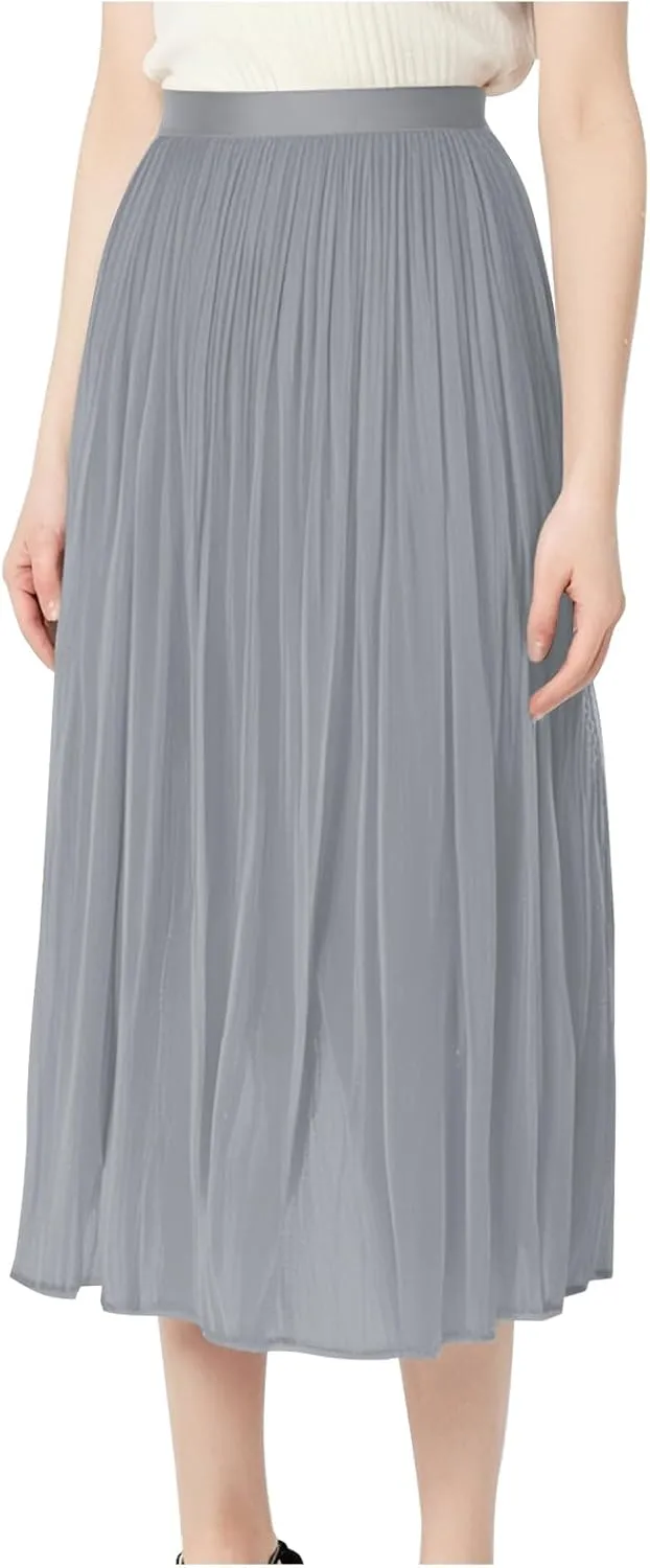 Fashion Tulle Skirts for Women Mesh Pleated Swing Midi Long Skirt Elastic High Waist Flowy Midi A-line Skirts