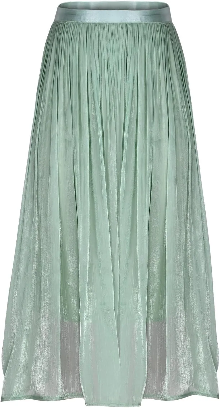 Fashion Tulle Skirts for Women Mesh Pleated Swing Midi Long Skirt Elastic High Waist Flowy Midi A-line Skirts