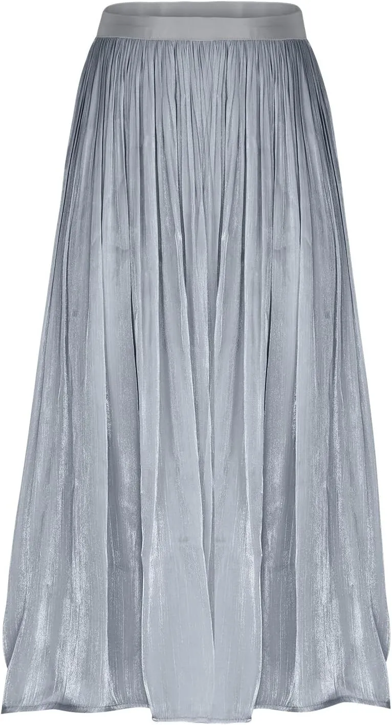 Fashion Tulle Skirts for Women Mesh Pleated Swing Midi Long Skirt Elastic High Waist Flowy Midi A-line Skirts