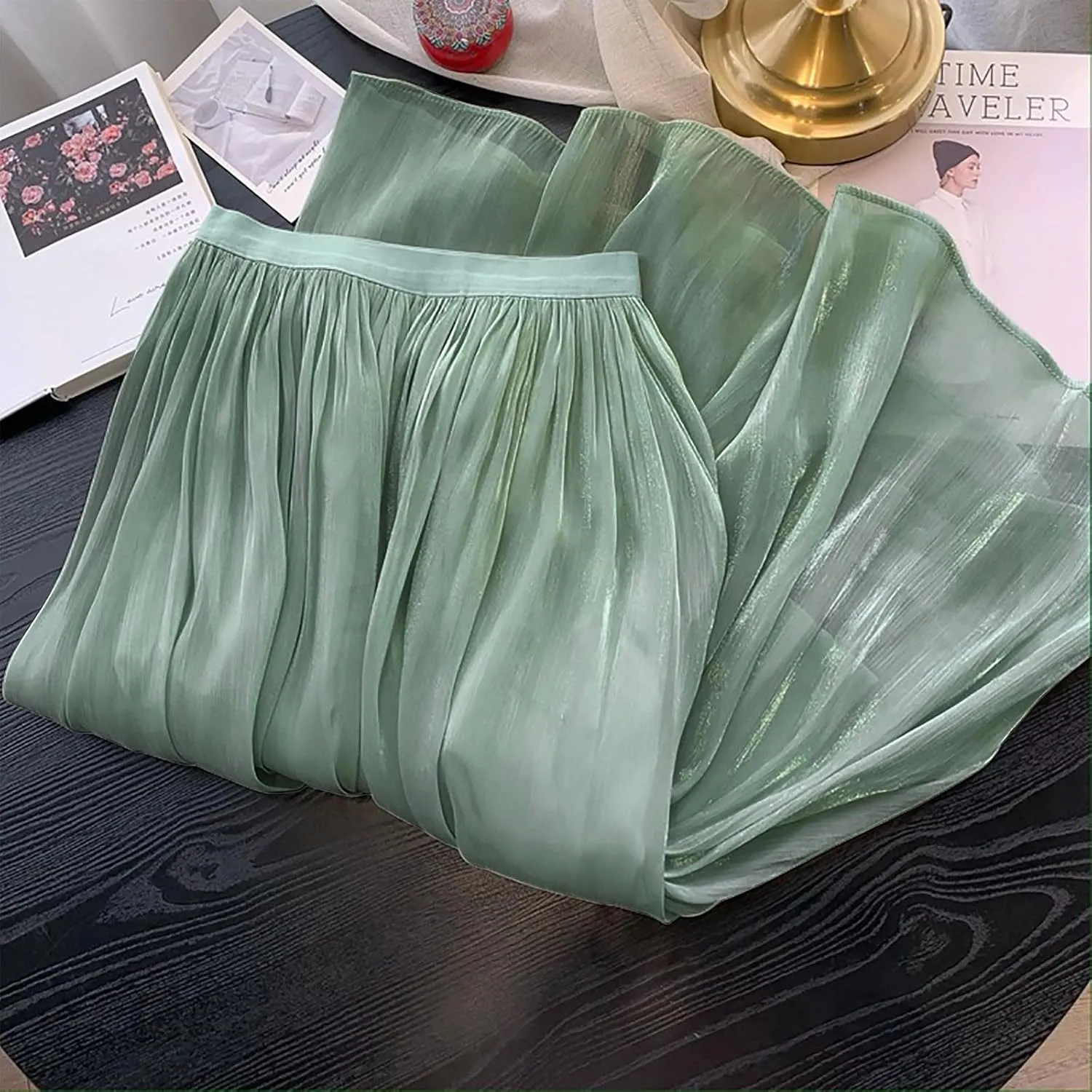 Fashion Tulle Skirts for Women Mesh Pleated Swing Midi Long Skirt Elastic High Waist Flowy Midi A-line Skirts
