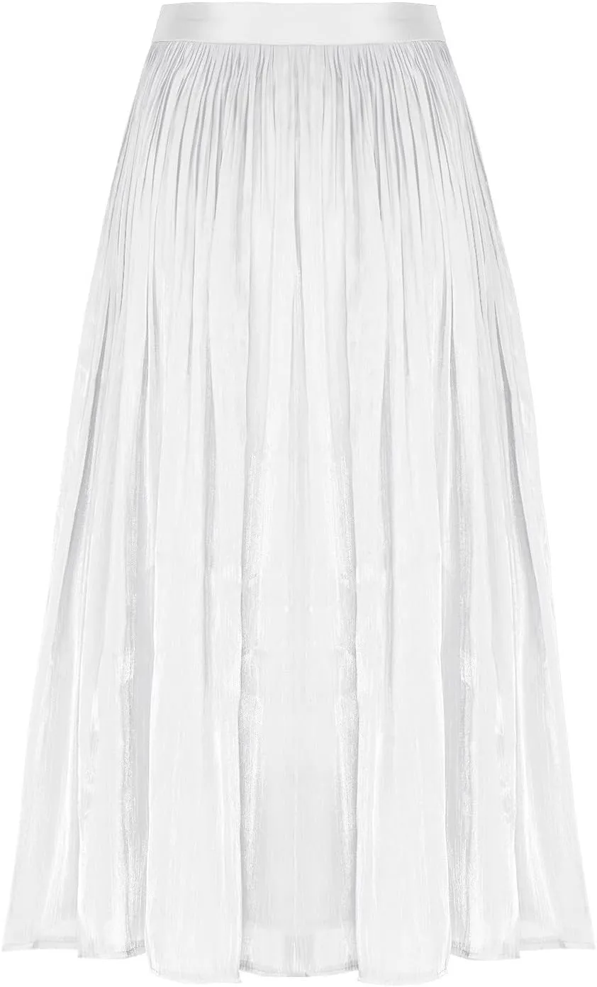 Fashion Tulle Skirts for Women Mesh Pleated Swing Midi Long Skirt Elastic High Waist Flowy Midi A-line Skirts