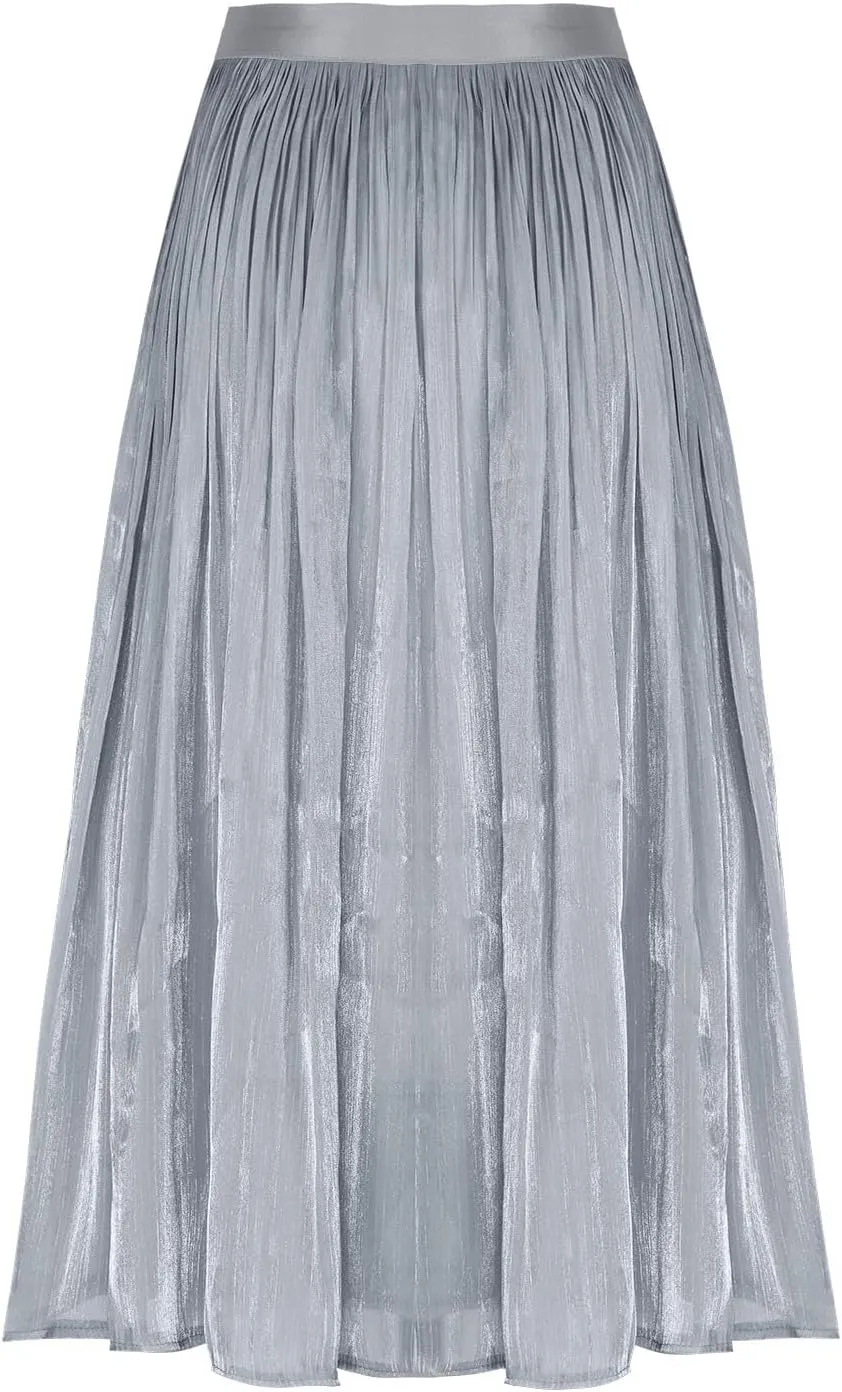 Fashion Tulle Skirts for Women Mesh Pleated Swing Midi Long Skirt Elastic High Waist Flowy Midi A-line Skirts